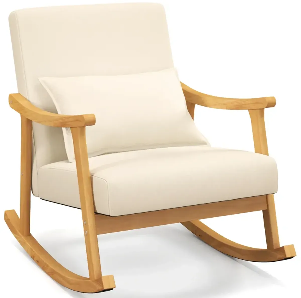 Cozy Rubber Wood Frame Rocking Chair with Upholstered Seat and Pillow