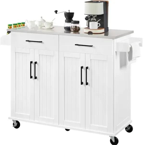Hivvago White Kitchen Cart Island with Stainless Steel Top 2 Drawers and Cabinet