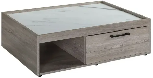 Lyla 39 Inch Wood Coffee Table, Faux Marble Top, 1 Drawer, Gray-Benzara