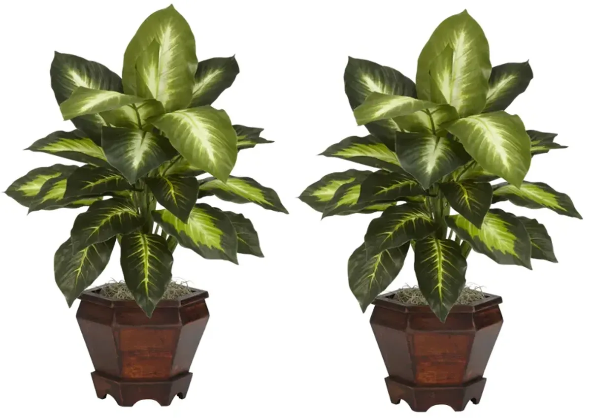 Hivvago Dieffenbachia w/Wood Vase Silk Plant (Set of 2) - Variegated