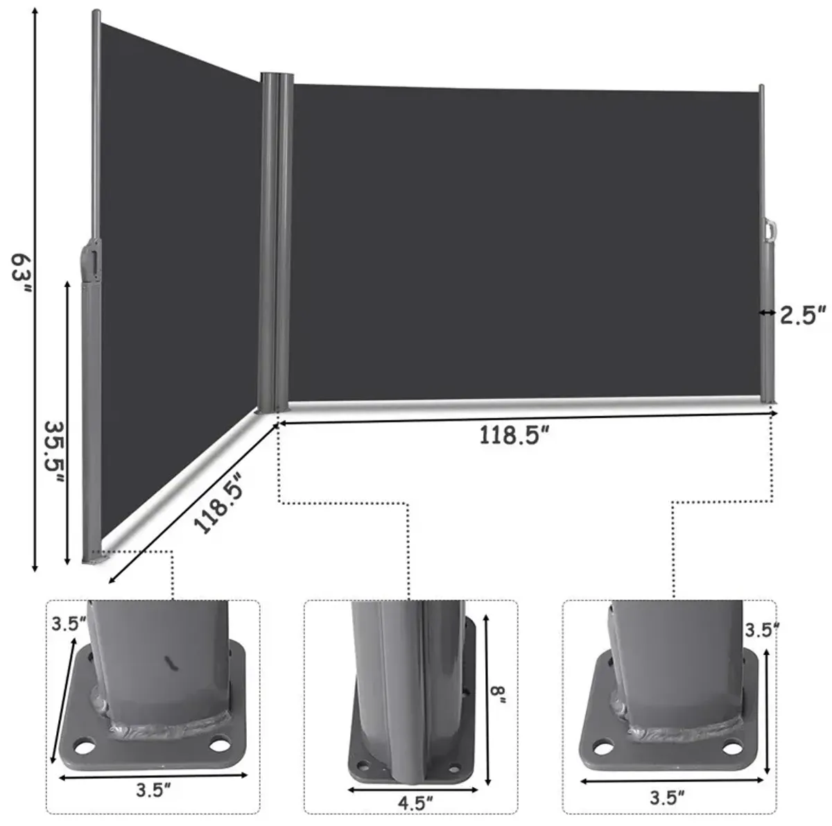 237 x 63 Inch Patio Retractable Double Folding Side Awning Screen Divider