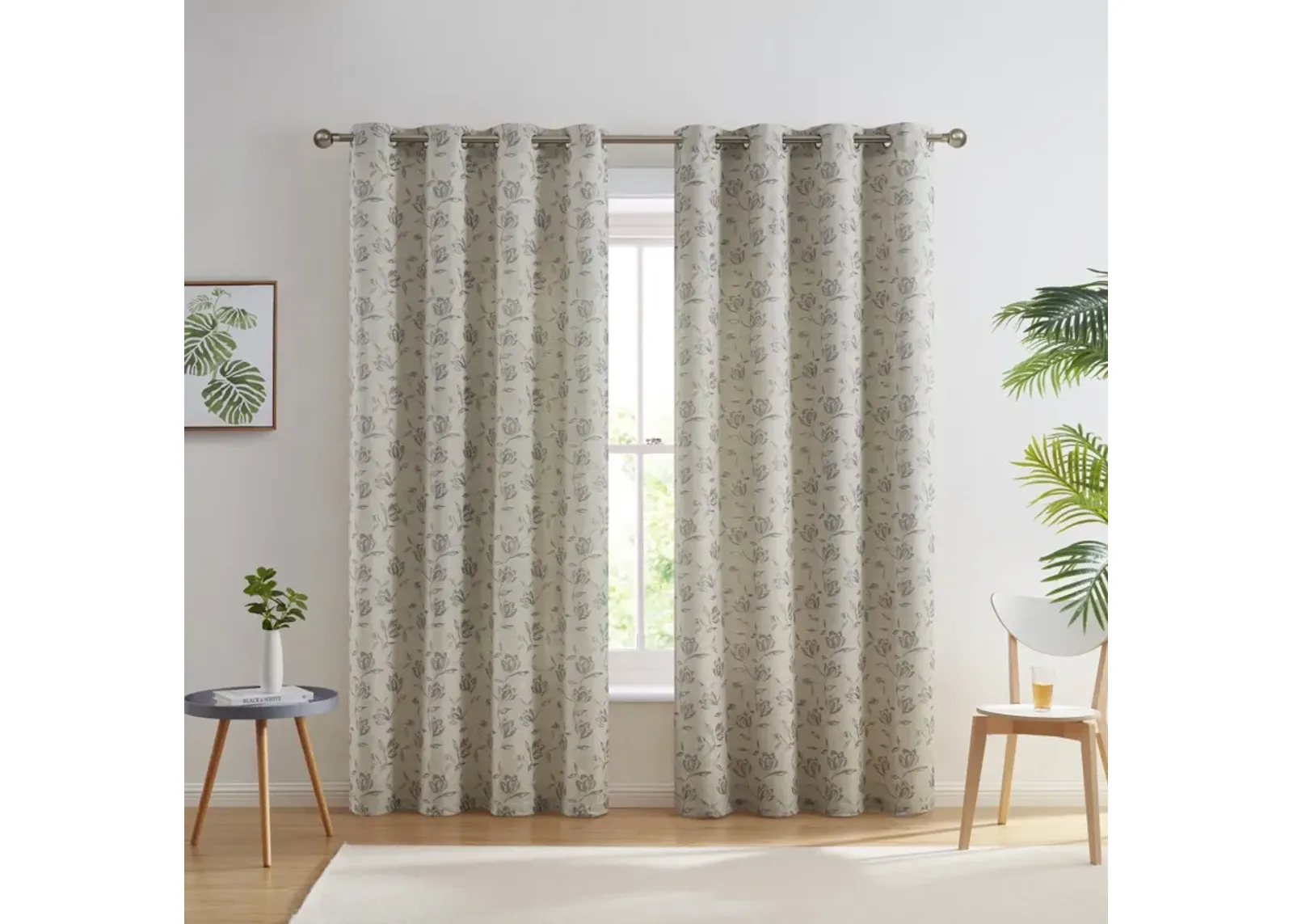 THD Zoey Burlap Flax Linen Floral Jacquard Privacy Light Filtering Transparent Window Grommet Long Thick Curtains Drapery Panels for Bedroom & Living Room, Set