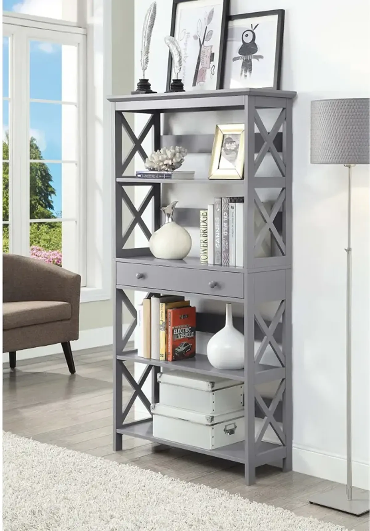 Convenience Concepts Oxford 5 Tier Bookcase with Drawer, Gray