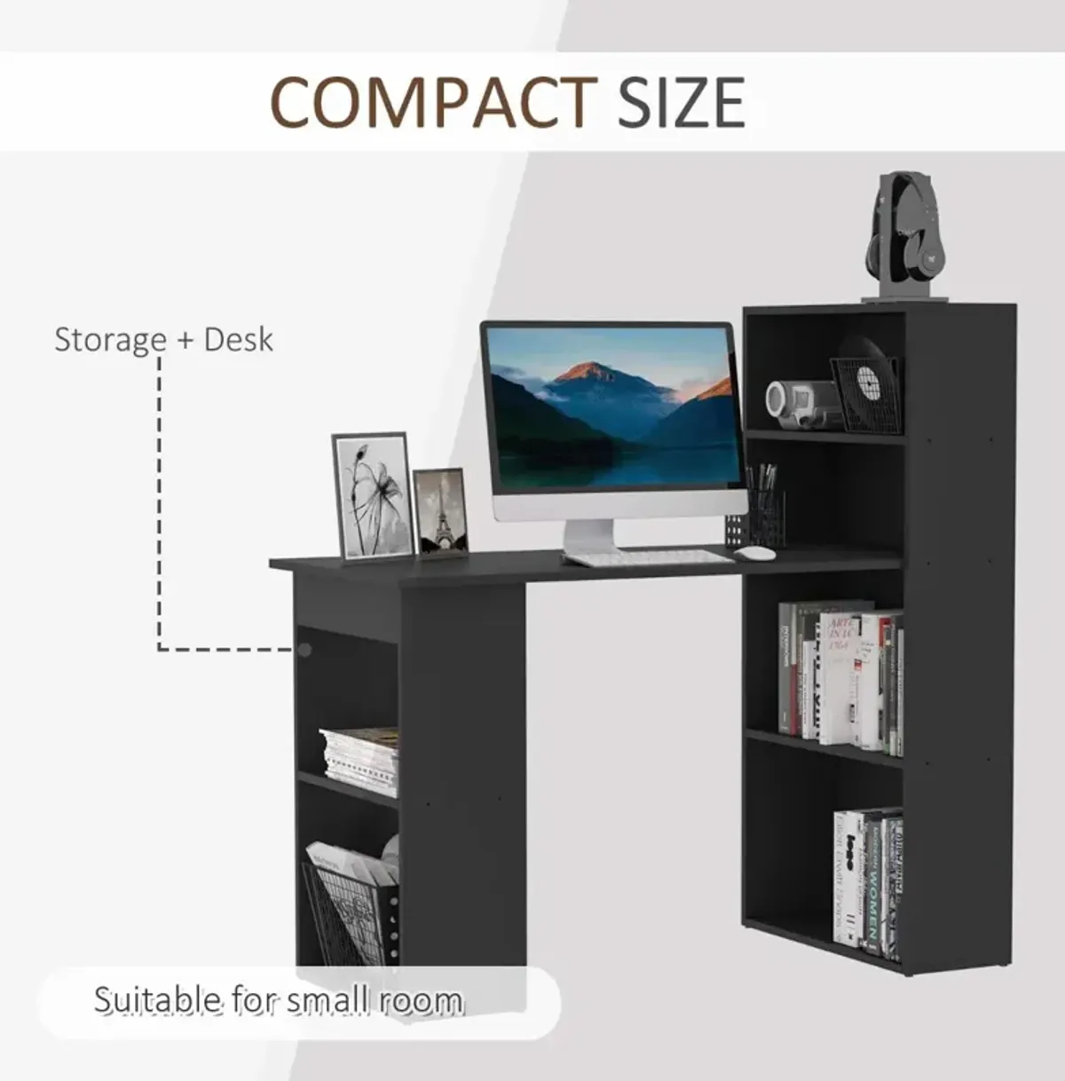 Black Workspace Combo: 47" Modern Computer Desk with Bookshelf