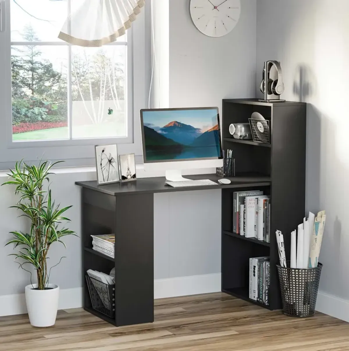 Black Workspace Combo: 47" Modern Computer Desk with Bookshelf