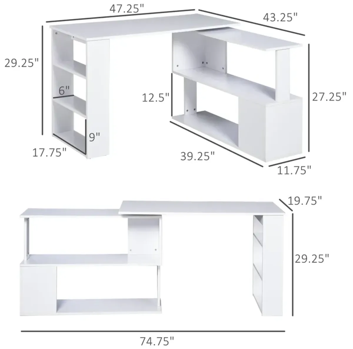 HOMCOM L Shaped Corner Desk, 360 Degree Rotating Home Office Desk with Storage Shelves, Writing Table Workstation, White