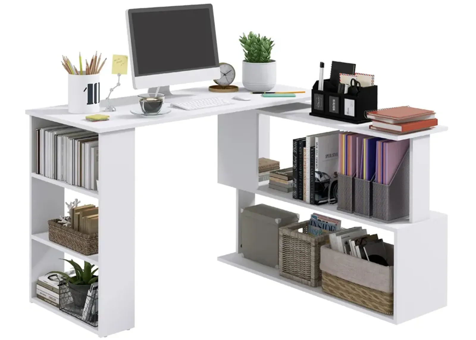 HOMCOM L Shaped Corner Desk, 360 Degree Rotating Home Office Desk with Storage Shelves, Writing Table Workstation, White