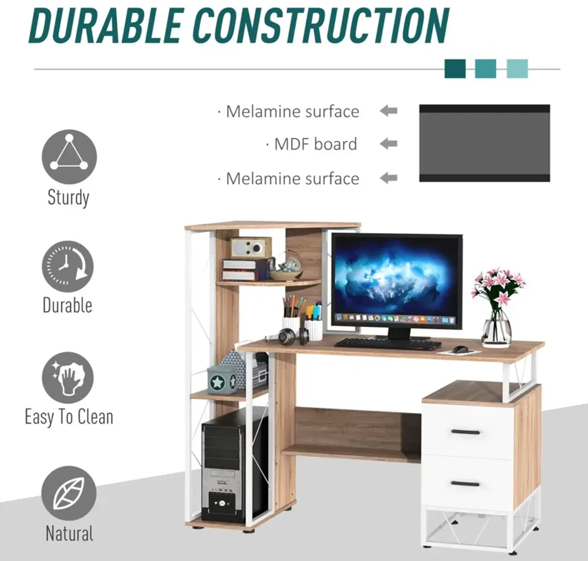 Multitasking Desk: 52" White Computer Workstation with Storage Tower