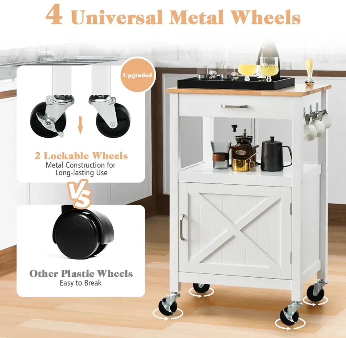 Rolling Kitchen Island Cart with Drawer and Side Hooks-Black