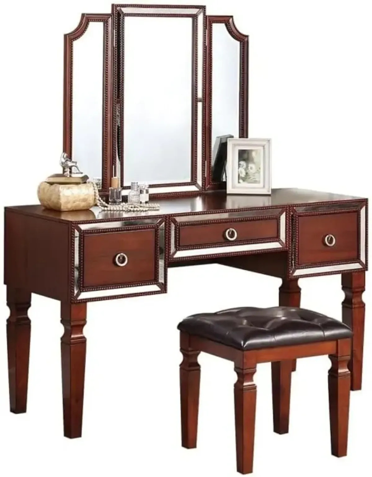 Elegant Cherry Vanity Set with Tri-Fold Mirror