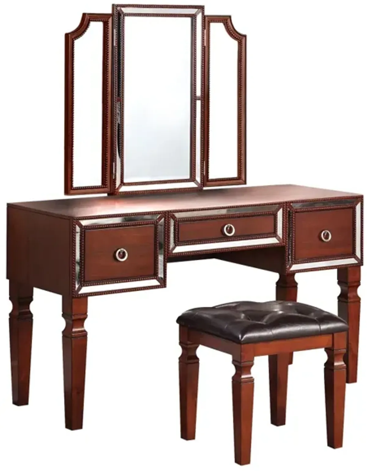 Elegant Cherry Vanity Set with Tri-Fold Mirror