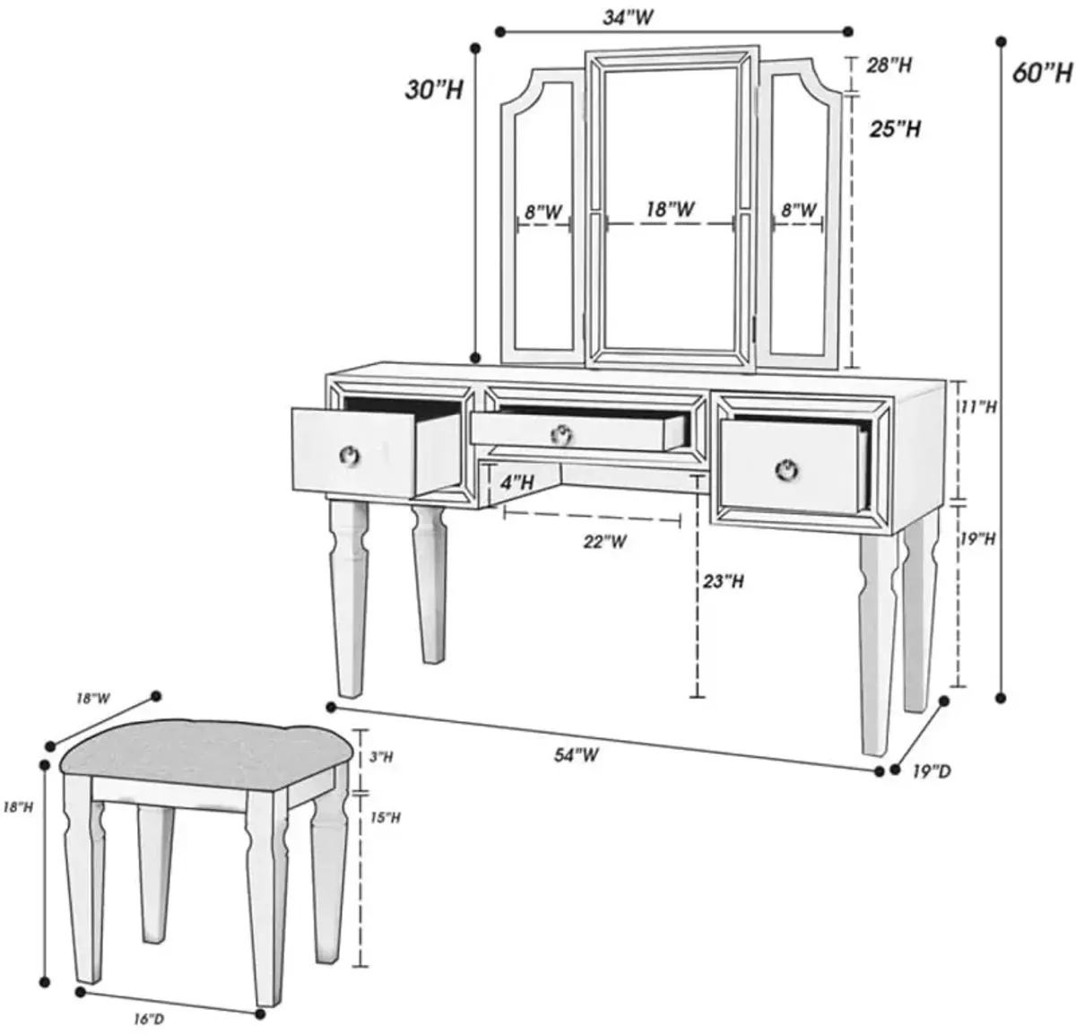 Elegant Cherry Vanity Set with Tri-Fold Mirror