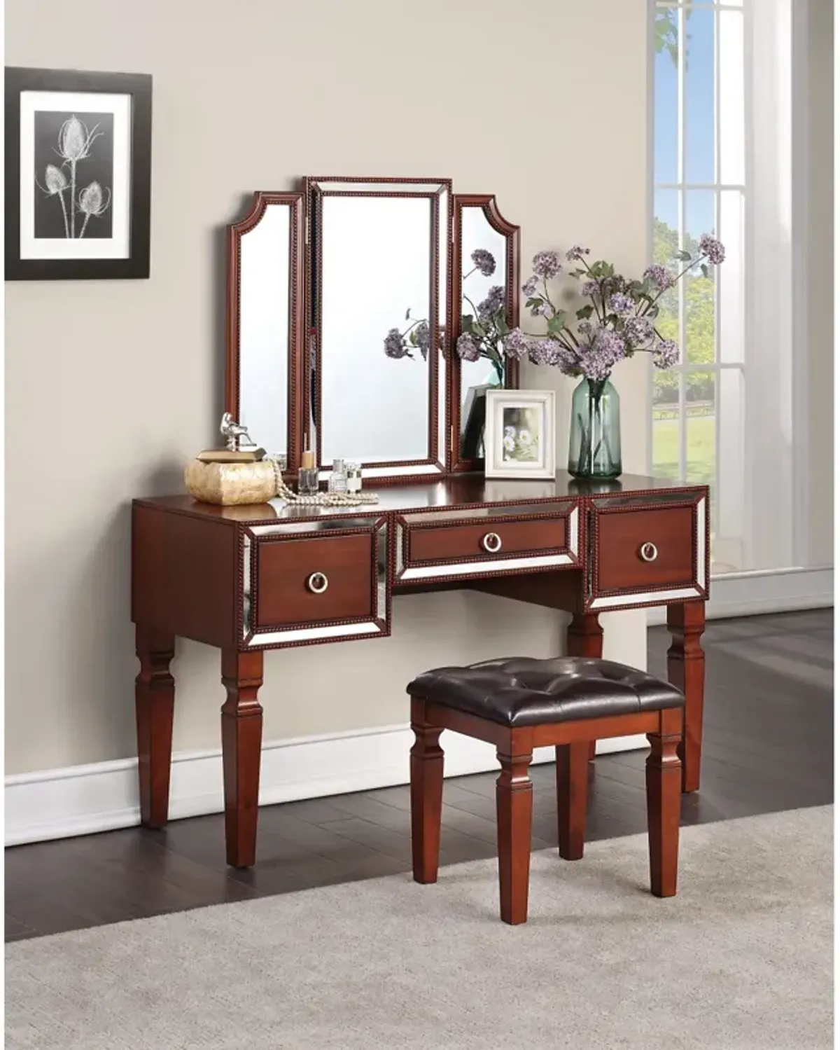 Elegant Cherry Vanity Set with Tri-Fold Mirror