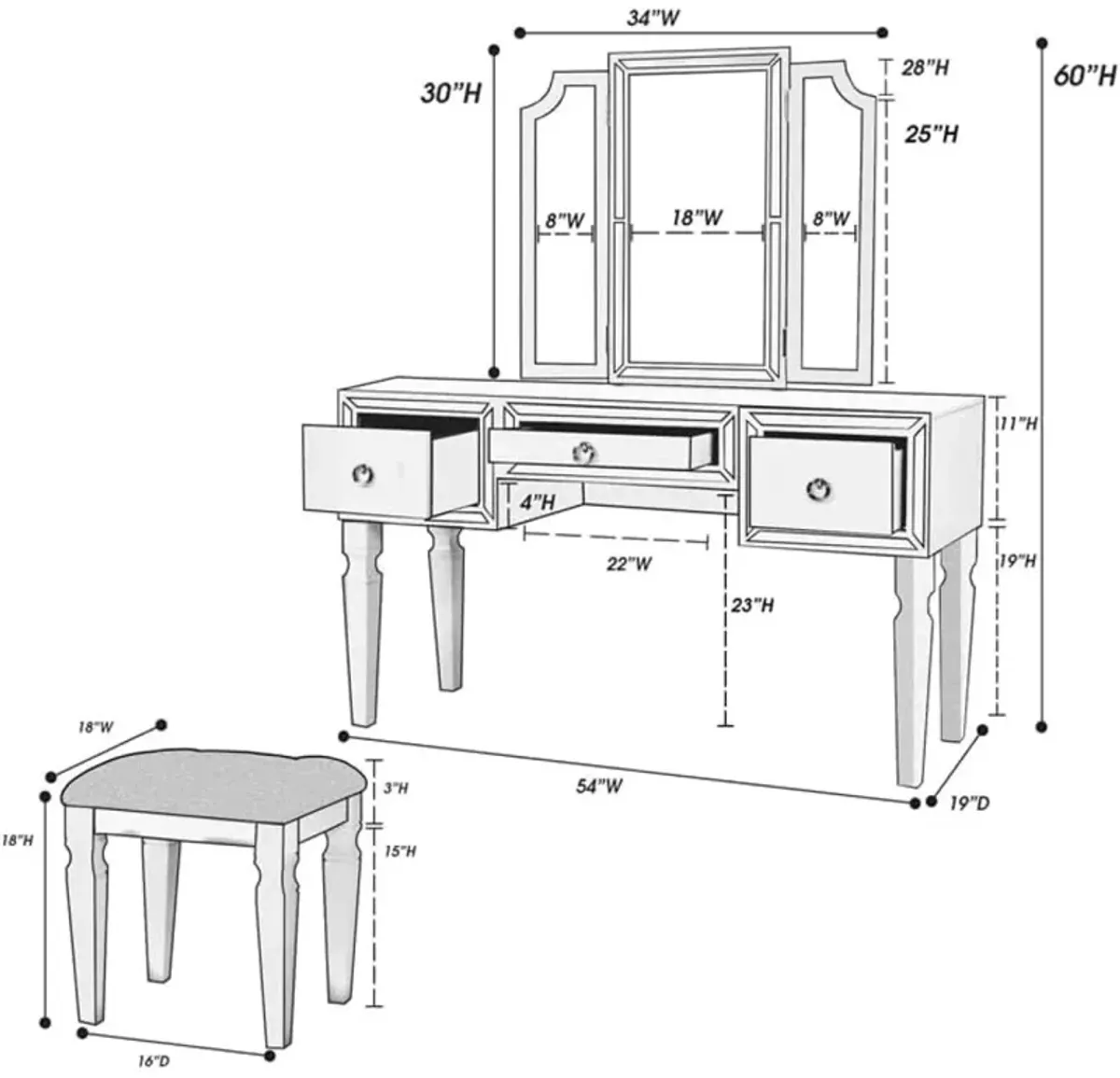 Elegant Cherry Vanity Set with Tri-Fold Mirror