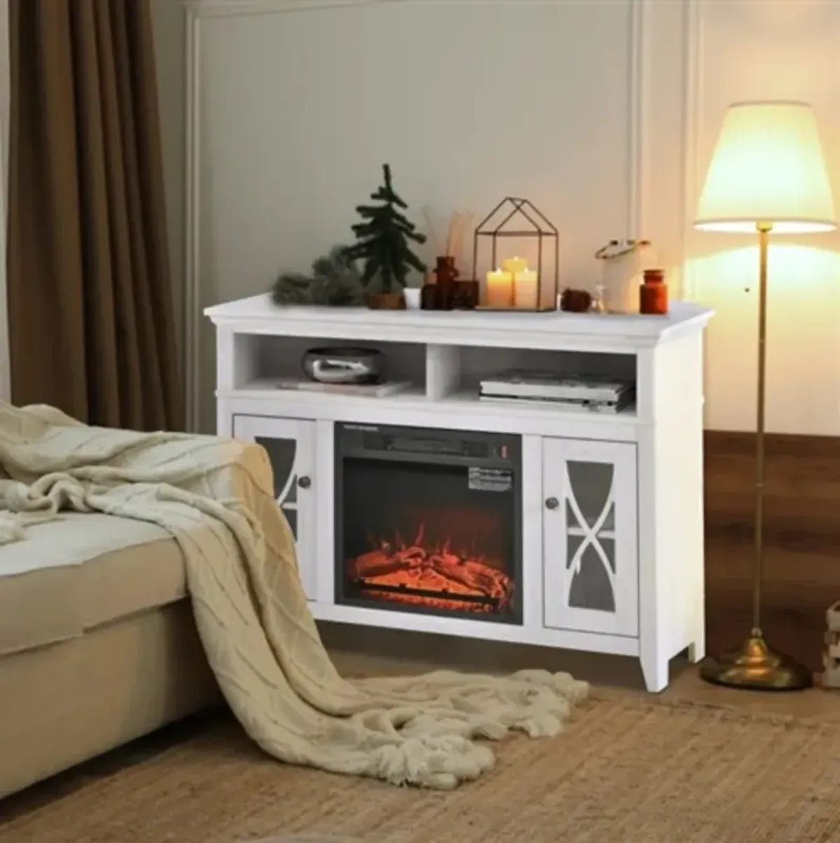 Electric Fireplace Mantel TV Stand with Adjustable Shelves 2 Storage Cabinets