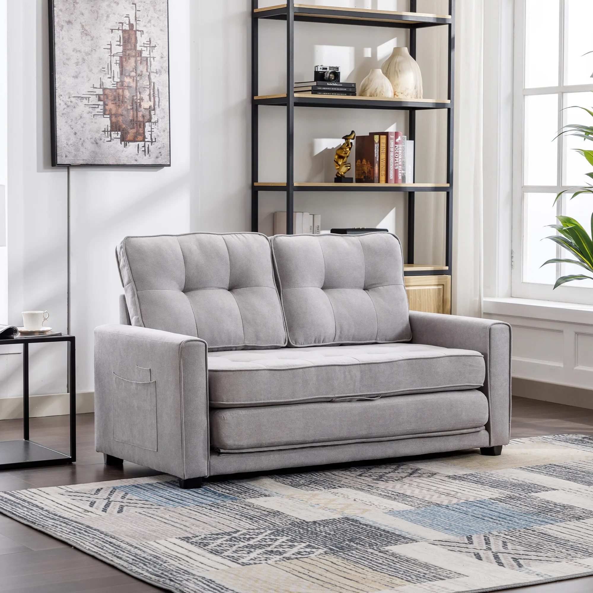 Merax 59.4" Loveseat Sofa with Pull-Out Bed Modern Upholstered Couch with Side Pocket for Living Room Office