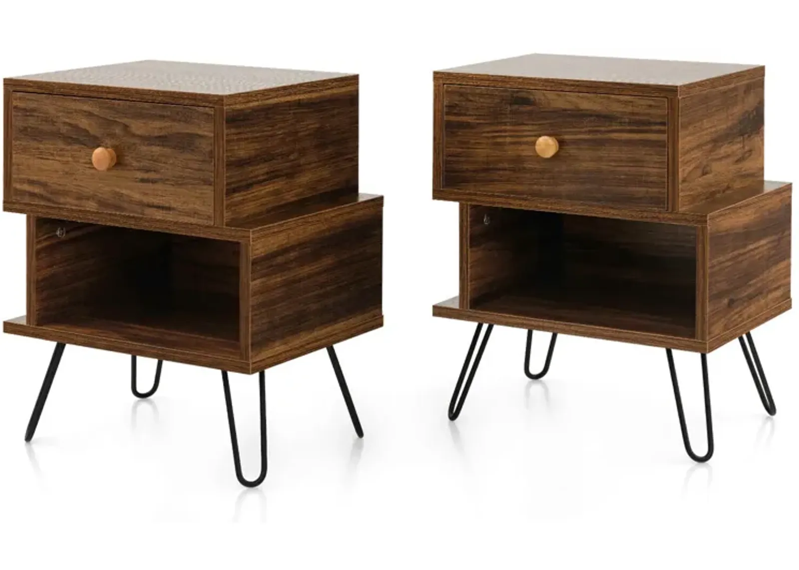 Set of 2 2-Tier Irregular Wooden Nightstands with Elevated Metal Feet-Walnut