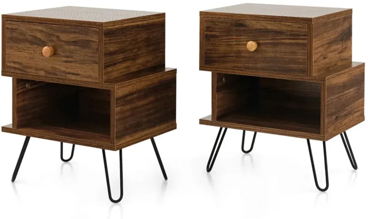 Set of 2 2-Tier Irregular Wooden Nightstands with Elevated Metal Feet-Walnut