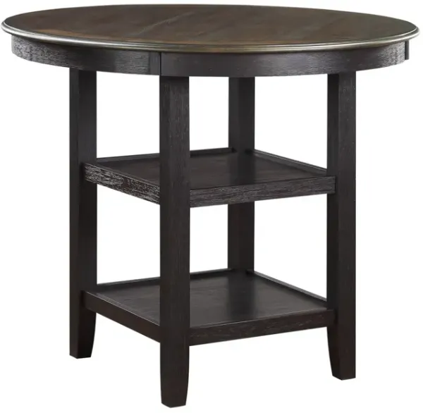 Anji 42 Inch Counter Table, Round Surface, 2 Open Shelves, Brown, Black - Benzara
