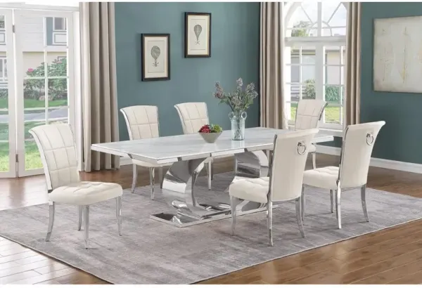 Best Quality Furniture 7pc Large (87) marble top dining set with silver base and 6 Cream side chairs