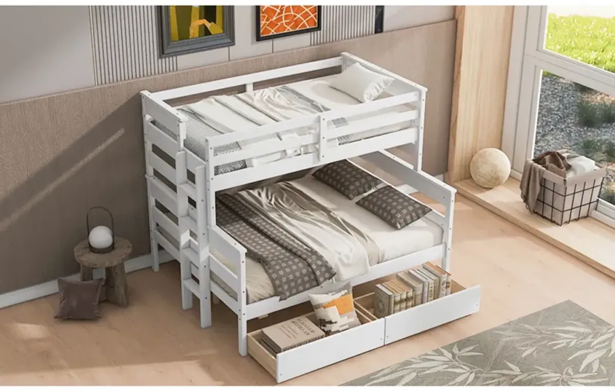 Wood Twin Over Full Bunk Bed With 2 Drawers, White