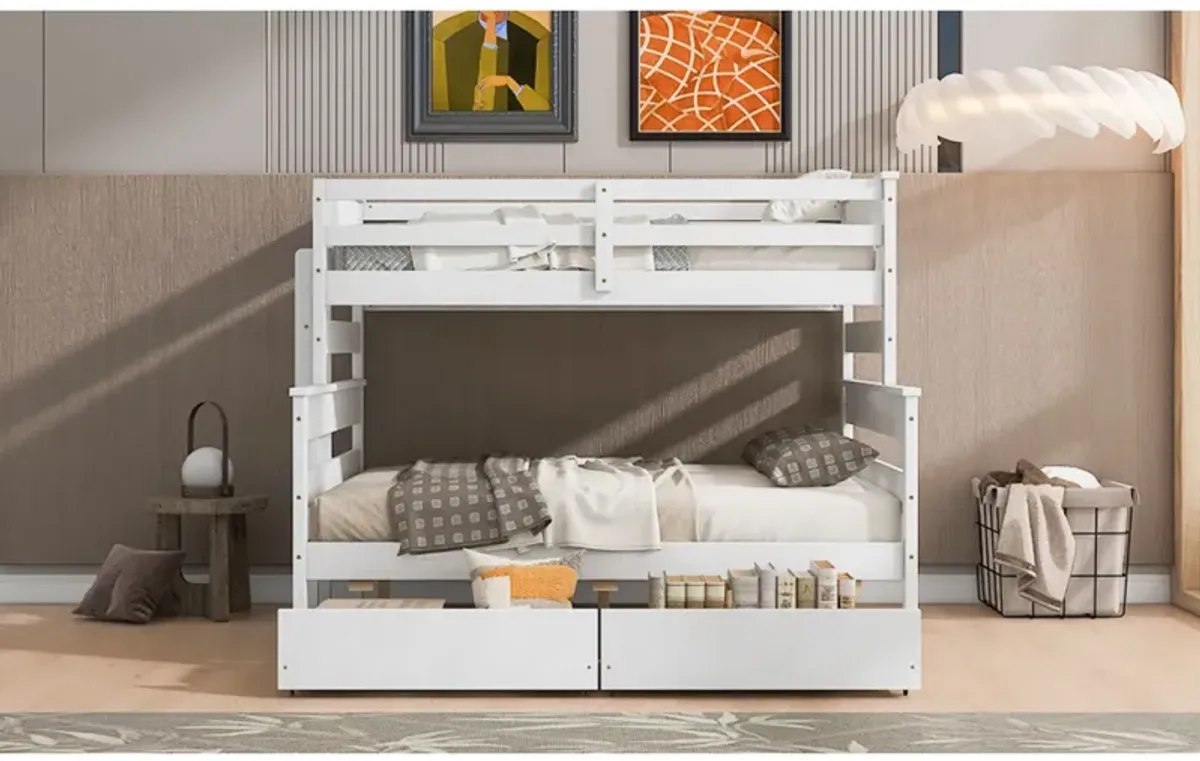 Wood Twin Over Full Bunk Bed With 2 Drawers, White