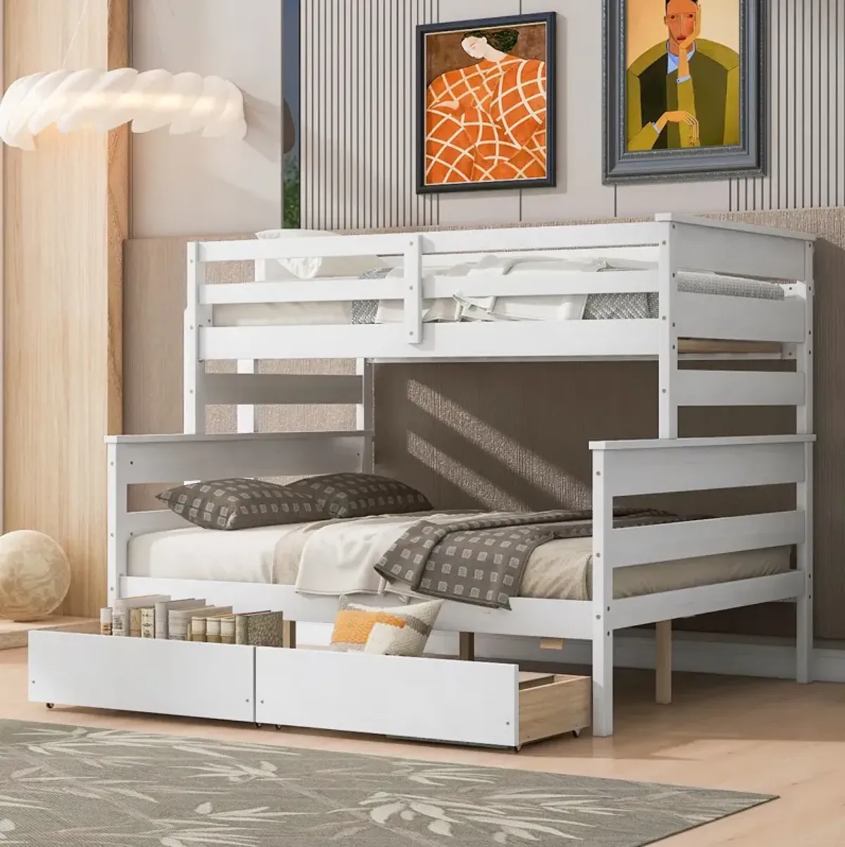 Wood Twin Over Full Bunk Bed With 2 Drawers, White