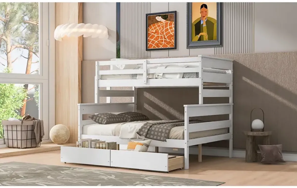 Wood Twin Over Full Bunk Bed With 2 Drawers, White