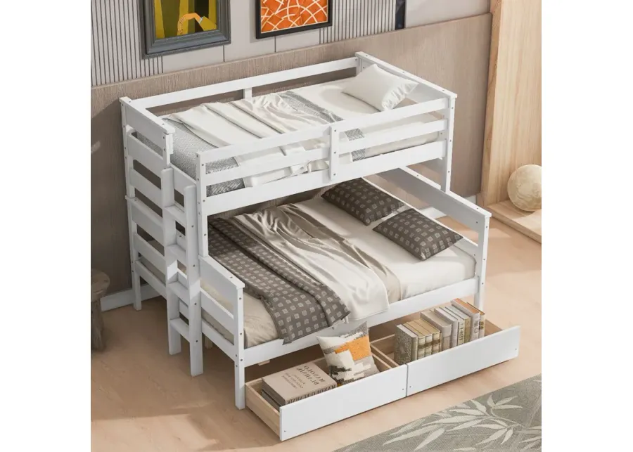 Wood Twin Over Full Bunk Bed With 2 Drawers, White