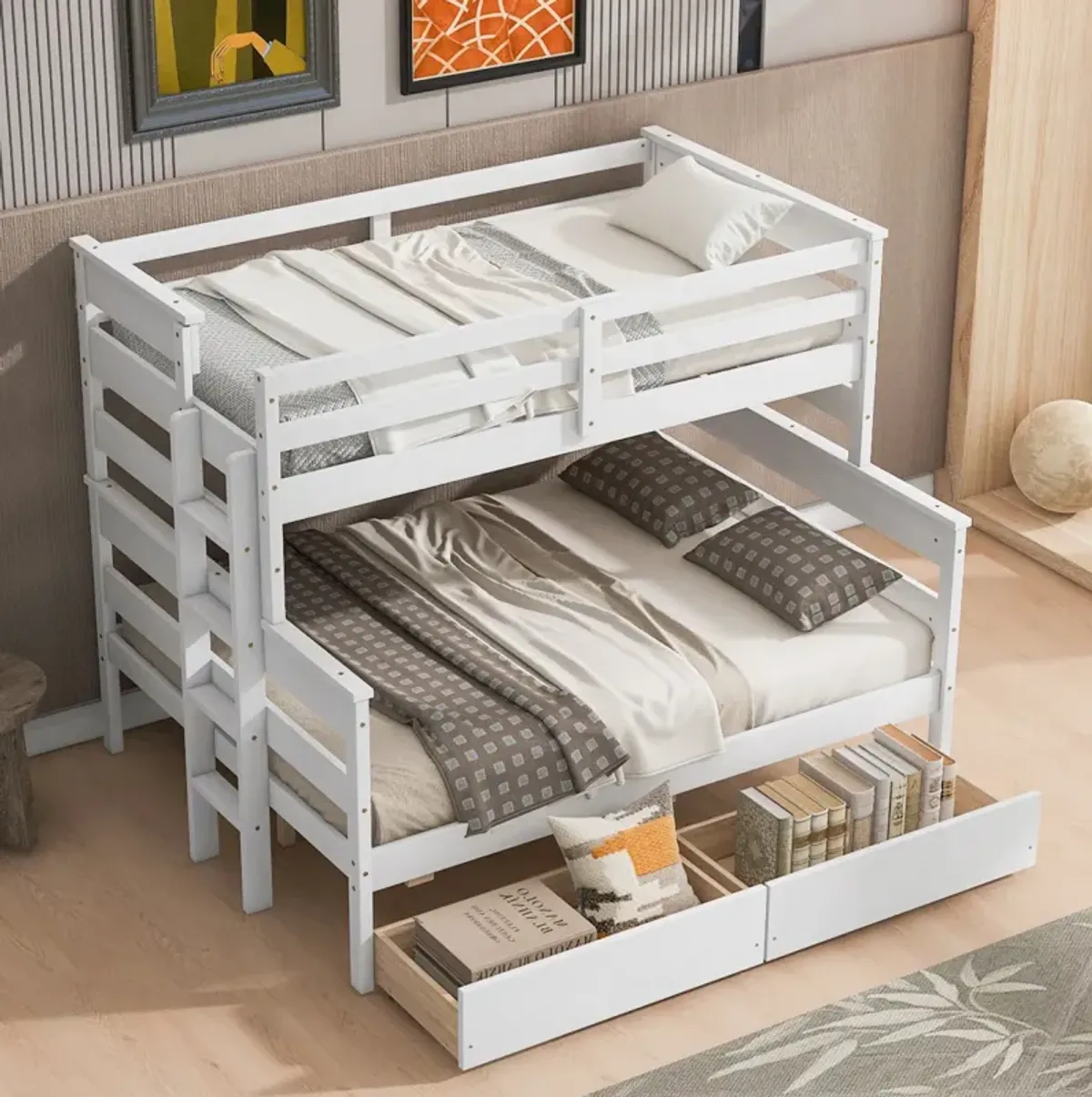 Wood Twin Over Full Bunk Bed With 2 Drawers, White