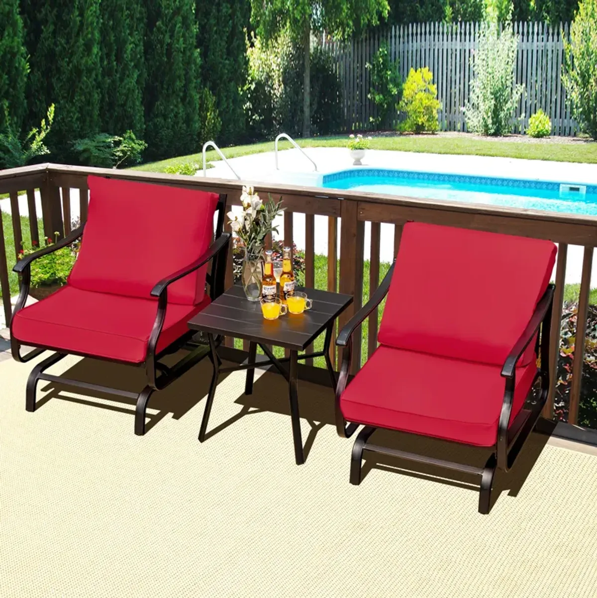 3 Piece Patio Rocking Chair Set with Coffee Table-Red