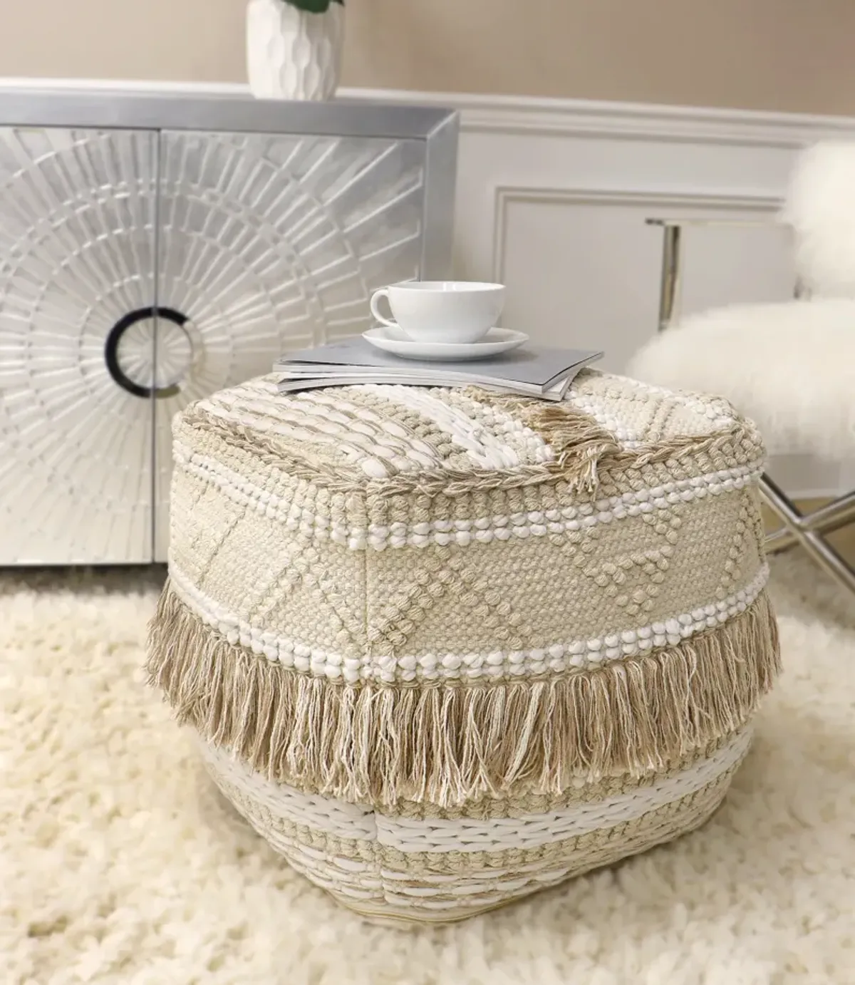 Pasargad Home Grandcanyon Cotton Braided with Tassel Pouf, Beige