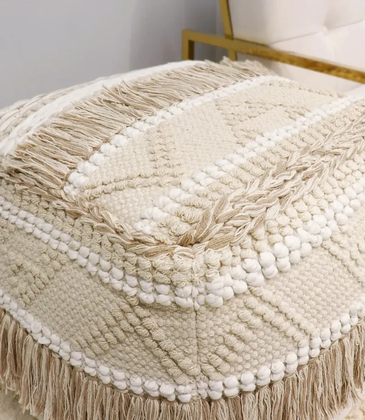 Pasargad Home Grandcanyon Cotton Braided with Tassel Pouf, Beige