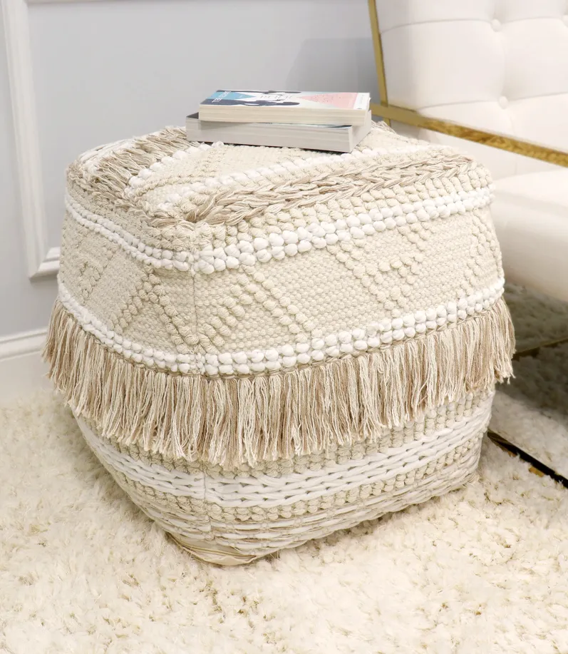 Pasargad Home Grandcanyon Cotton Braided with Tassel Pouf, Beige