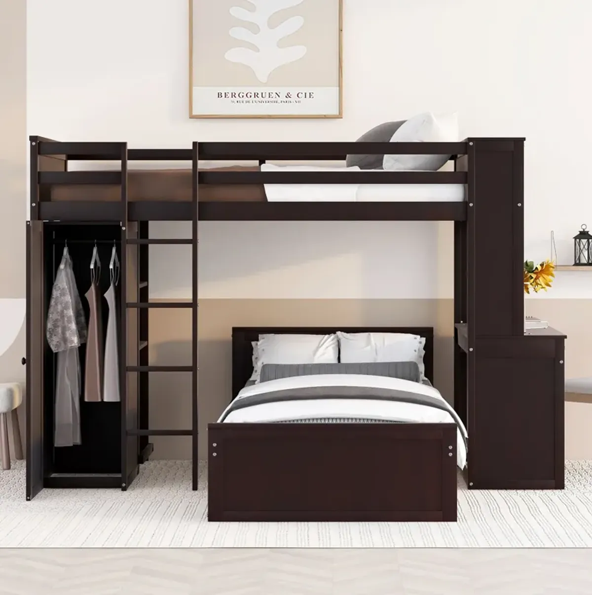 Merax Loft Bed with Storage Shelves and Wardrobe