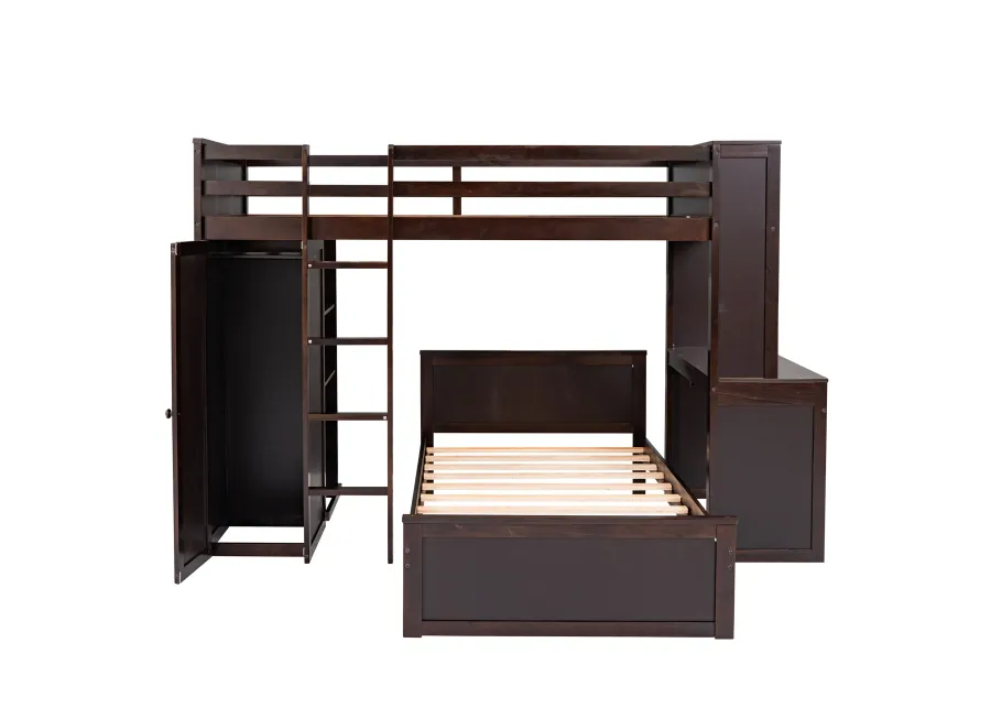 Merax Loft Bed with Storage Shelves and Wardrobe