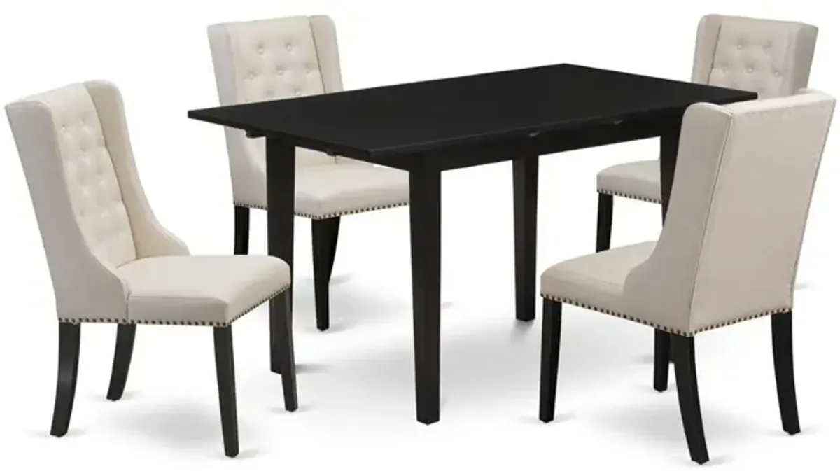 East West Furniture NFFO5-BLK-01 5-Pc Dinette Room Set Includes 1 Butterfly Leaf Dining Room Table and 4 Cream Linen Fabric Dining Chair with Button Tufted Back - Black Finish