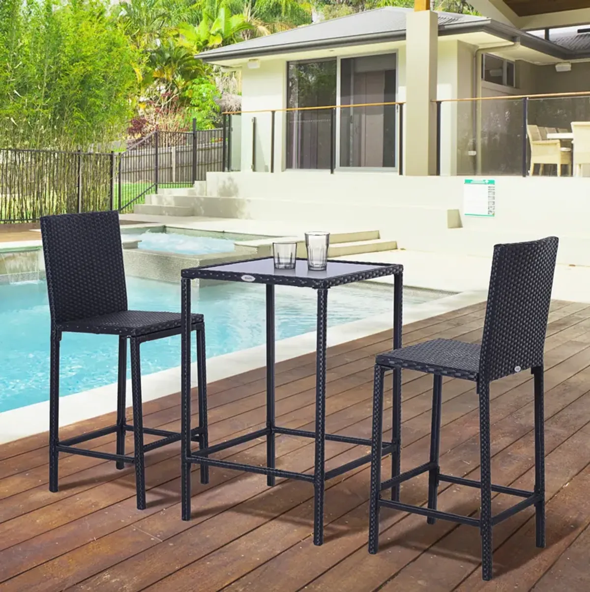 3pc Rattan Bar Dining Chair Glass Table Set Bistro Barstool Furniture