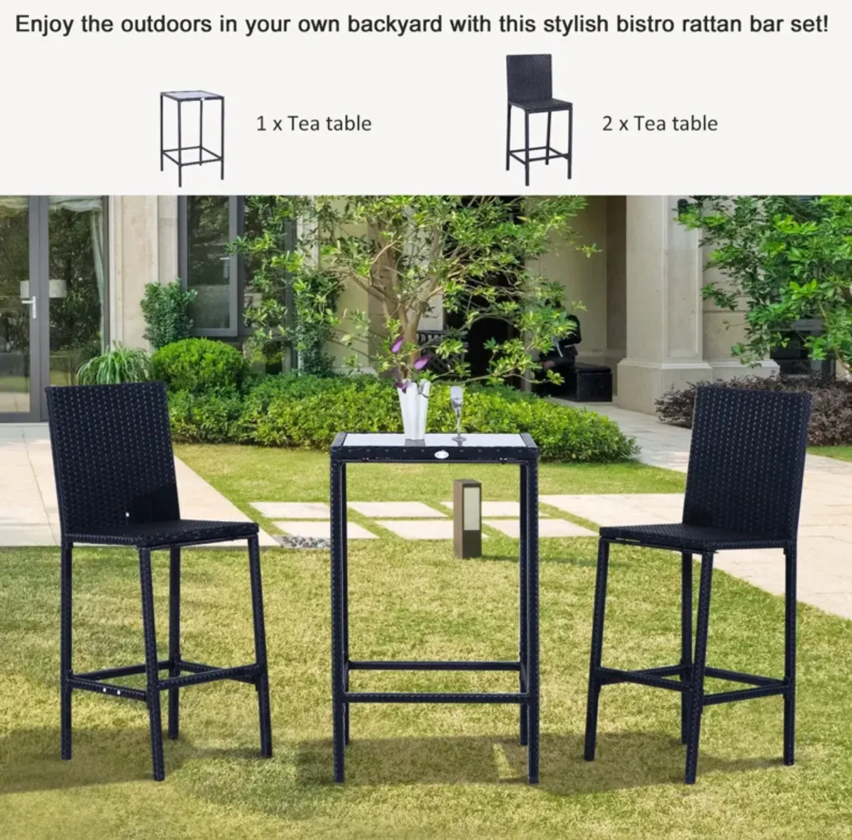 3pc Rattan Bar Dining Chair Glass Table Set Bistro Barstool Furniture