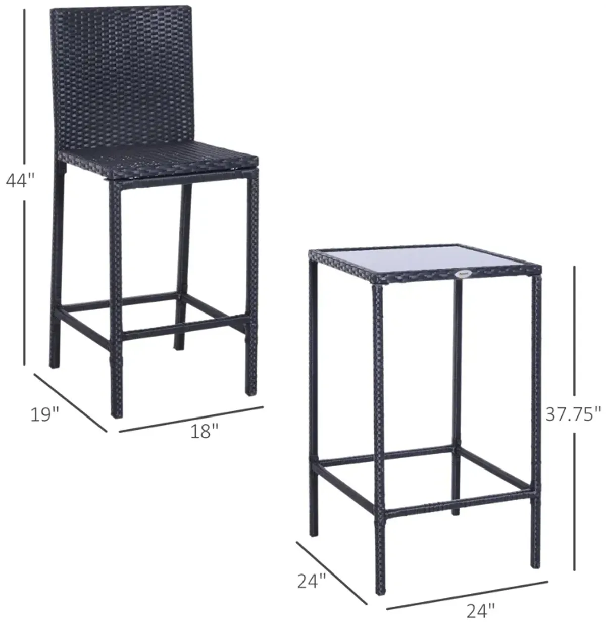 3pc Rattan Bar Dining Chair Glass Table Set Bistro Barstool Furniture