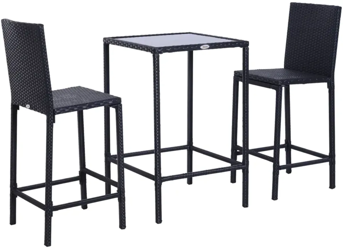 3pc Rattan Bar Dining Chair Glass Table Set Bistro Barstool Furniture