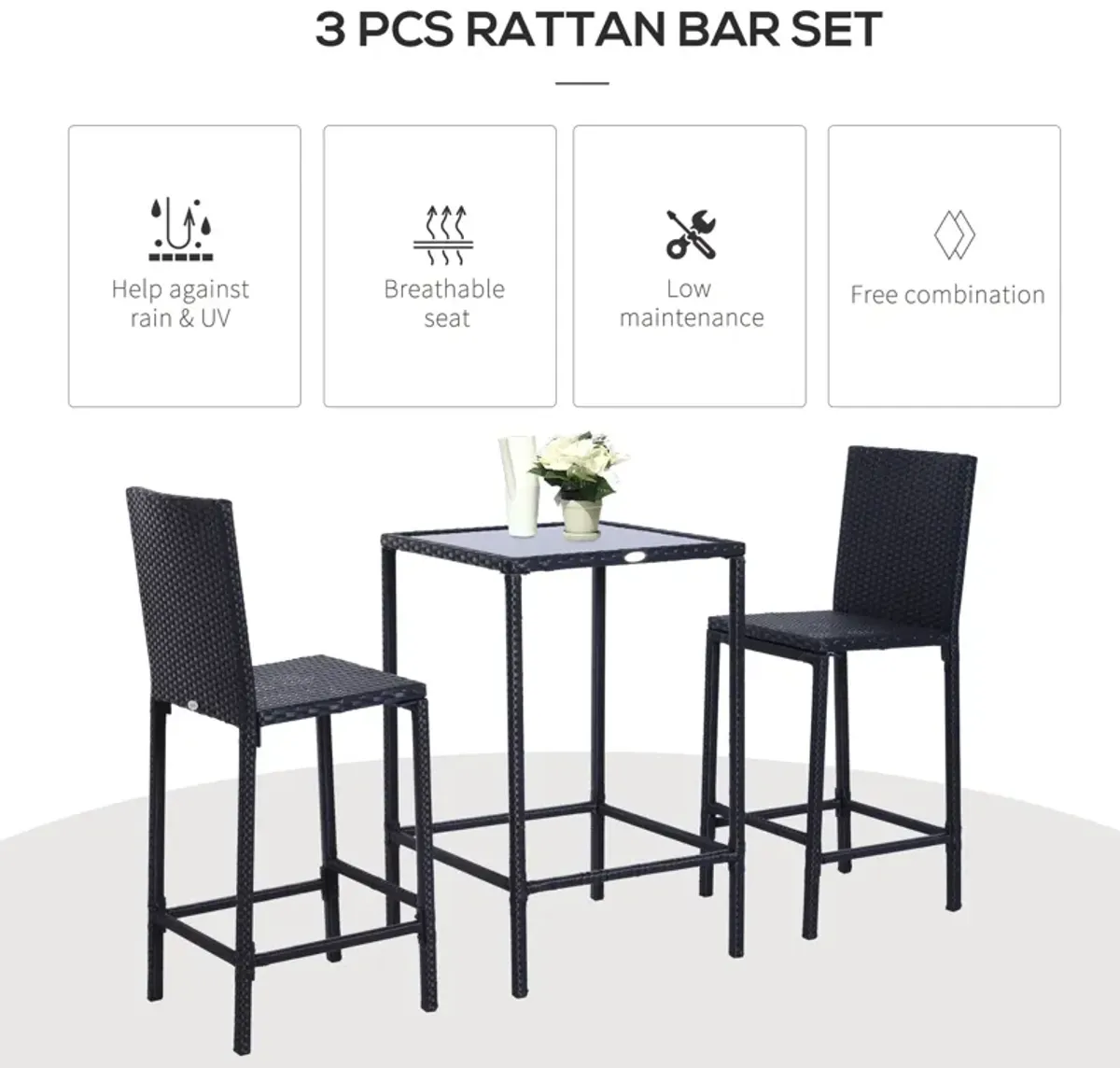 3pc Rattan Bar Dining Chair Glass Table Set Bistro Barstool Furniture