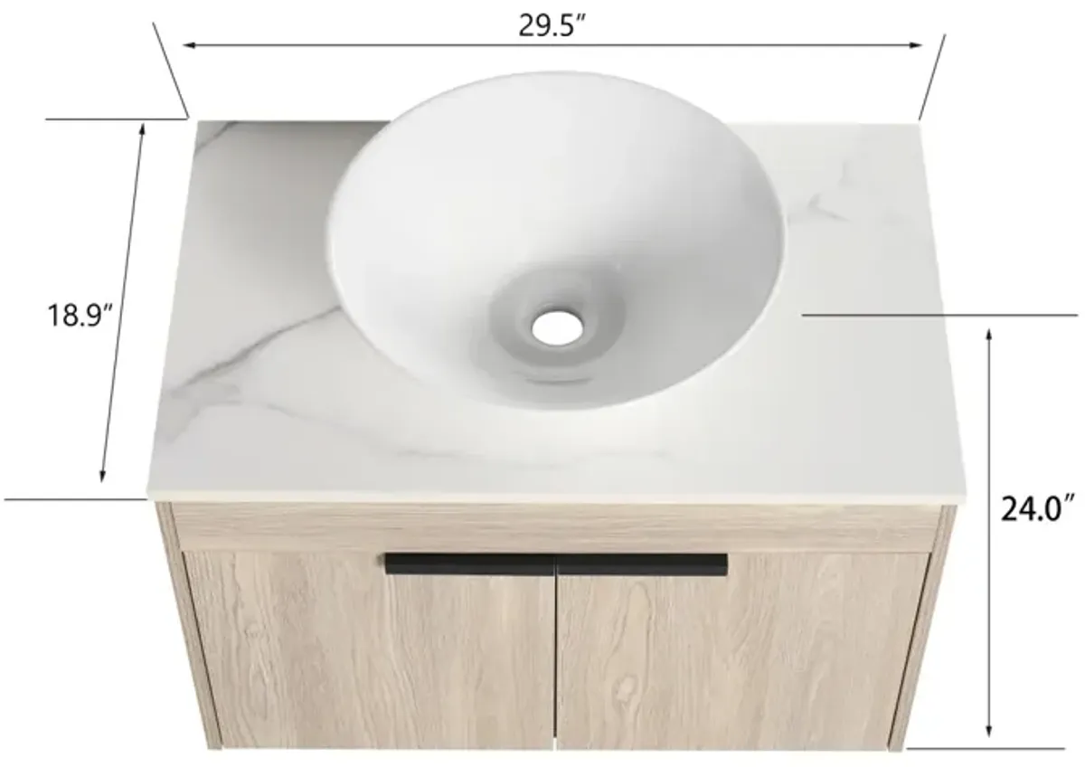 30" Modern Design Float Bathroom Vanity With Ceramic Basin Set