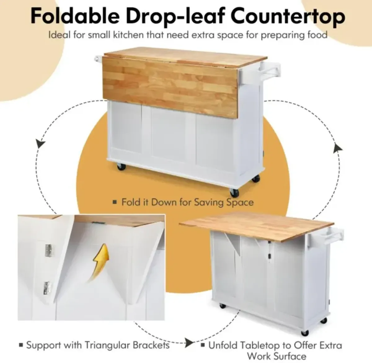 Hivvago Kitchen Island Trolley Cart Wood with Drop-Leaf Tabletop and Storage Cabinet