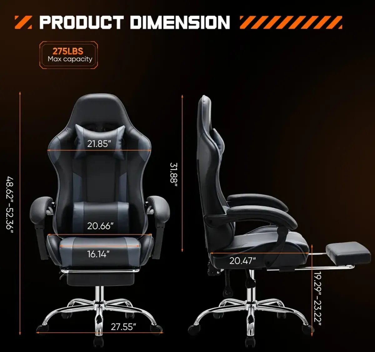 Video Game Desk Chair - Ergonomic Computer with Footrest and Comfy Lumbar Support, PU Leather Recliner with Headrest, Fixed Up Armrest, Height Adjustable with 360° Swivel, for Adults