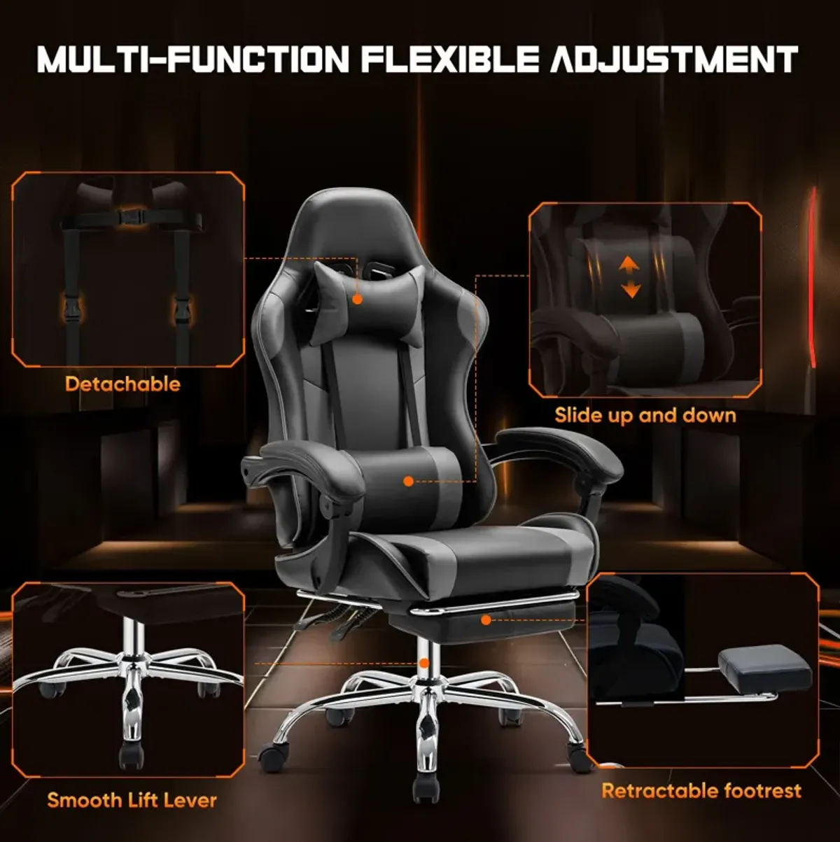 Video Game Desk Chair - Ergonomic Computer with Footrest and Comfy Lumbar Support, PU Leather Recliner with Headrest, Fixed Up Armrest, Height Adjustable with 360° Swivel, for Adults