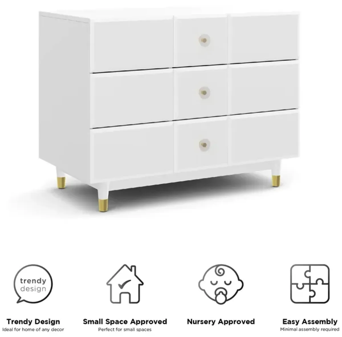 Aviary 3-Drawer Dresser with Gold Hardware, White