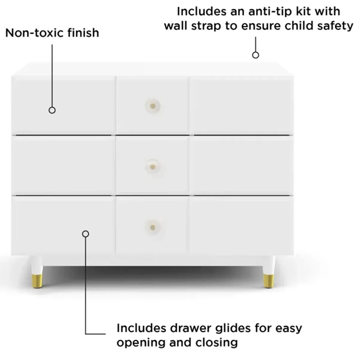 Aviary 3-Drawer Dresser with Gold Hardware, White