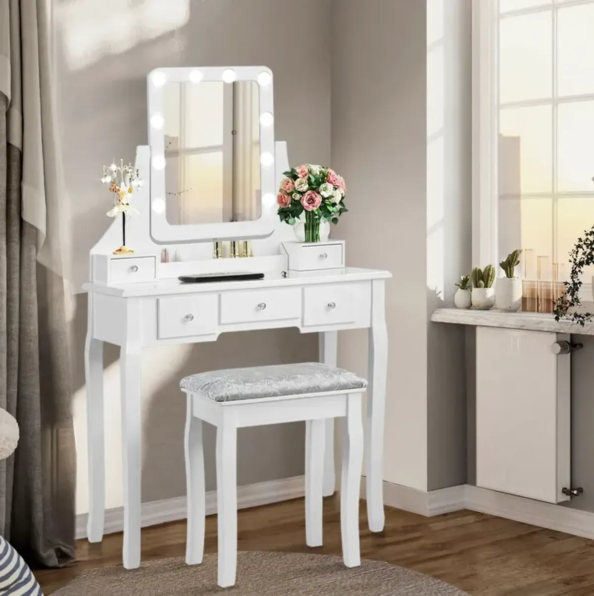 Vanity Dressing Table Set with 10 Dimmable Bulbs and Cushioned Stool