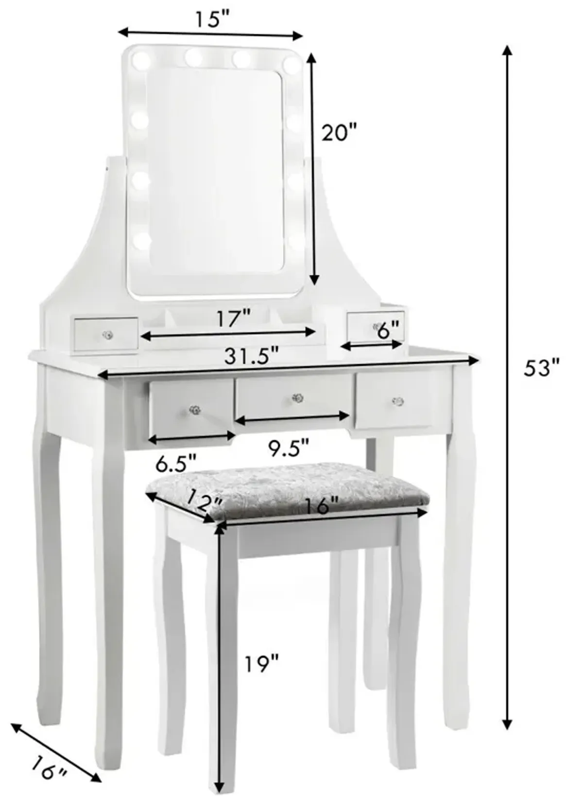 Vanity Dressing Table Set with 10 Dimmable Bulbs and Cushioned Stool